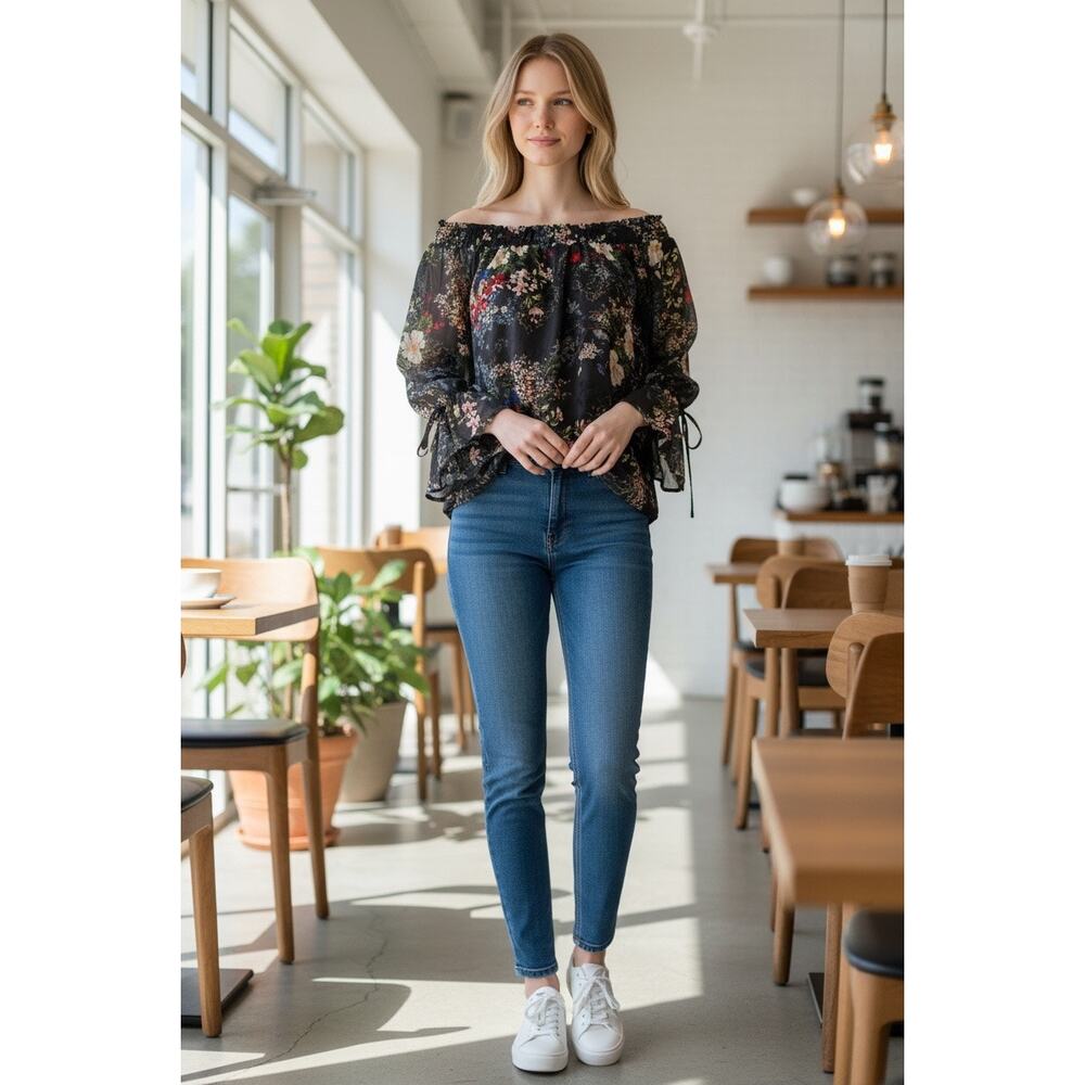 Springfield Floral Sheer Peasant Blouse Long Sleeve EU Size 36